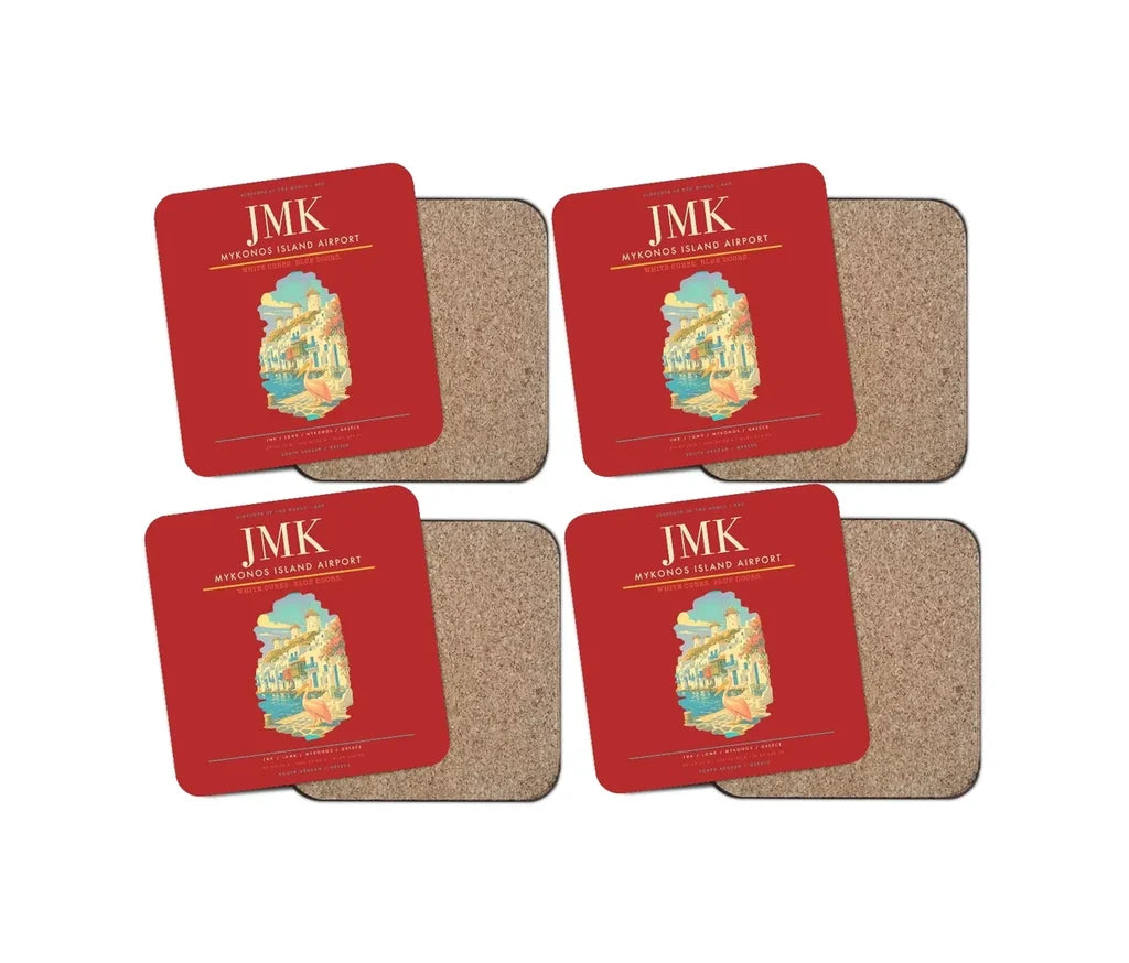 Mykonos Island Airport (JMK) design on red 4 pieces set coaster