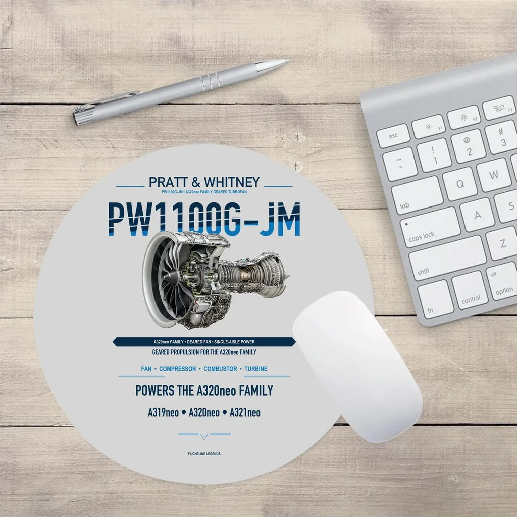 PW1100G-JM design on light gray round mouse pad