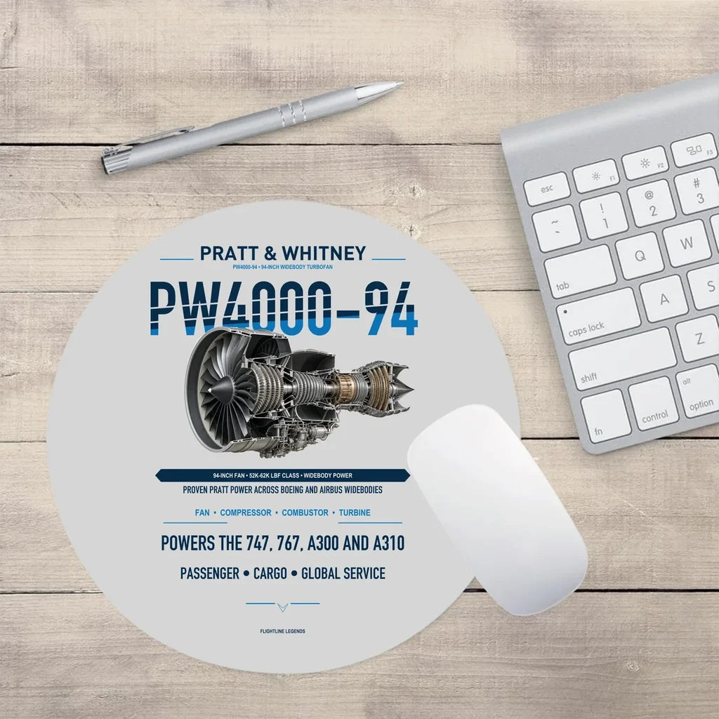 PW4000-94 design on light gray round mouse pad
