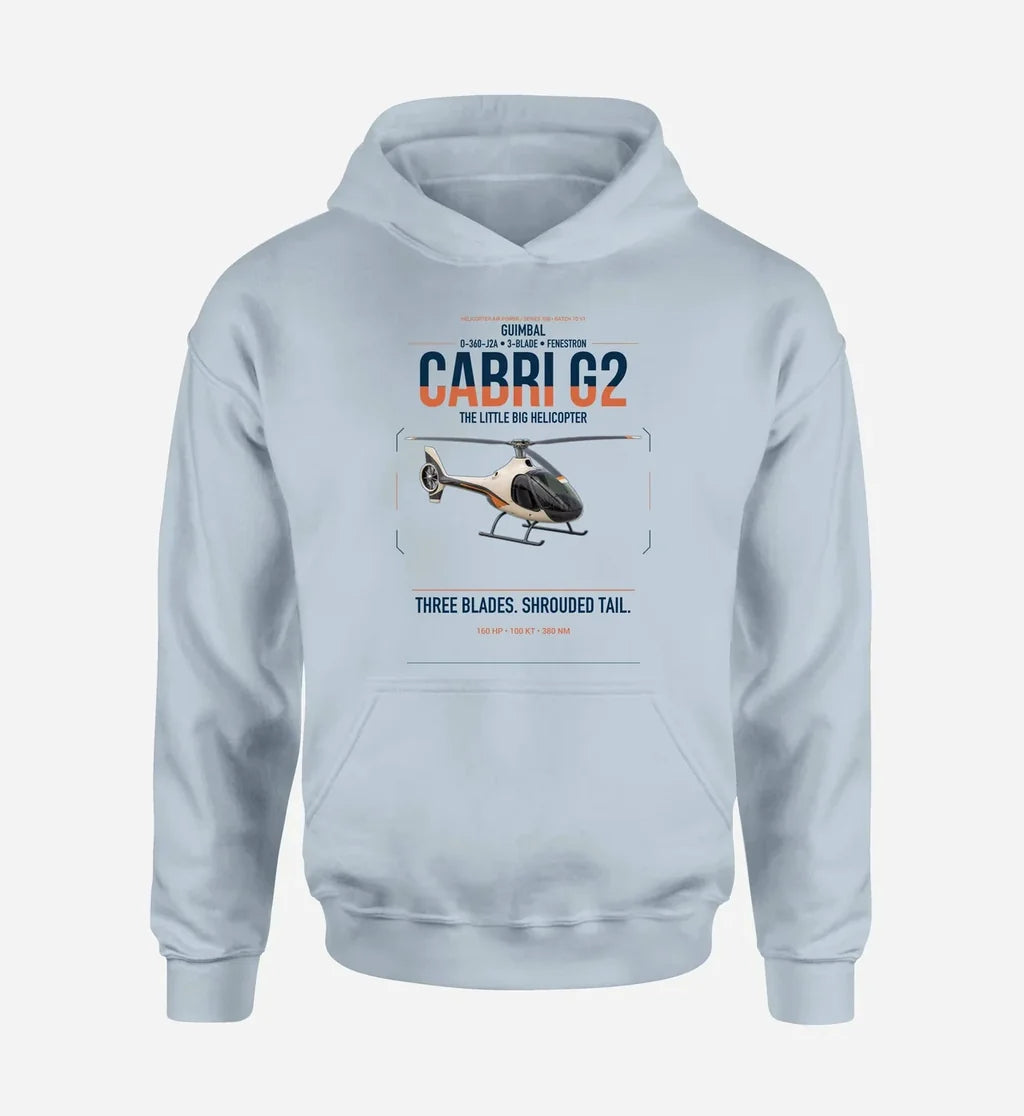 Guimbal Cabri G2 design on light blue double-side hoodie, single-side print
