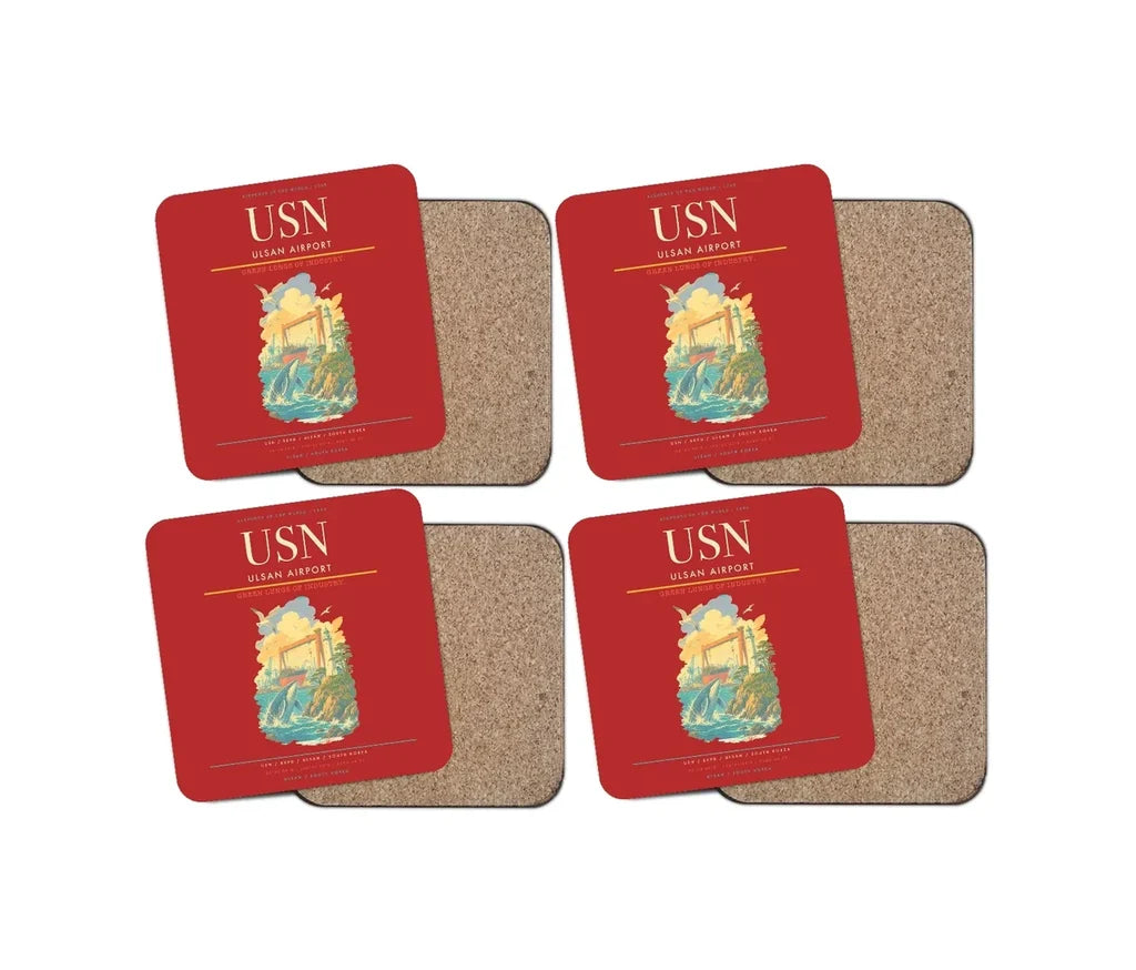 Ulsan Airport (USN) design on red 4 pieces set coaster