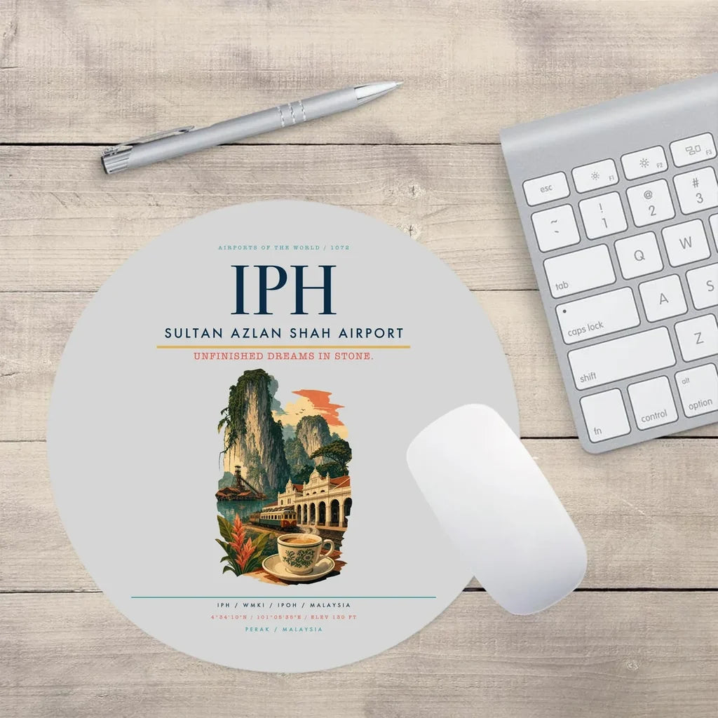 Sultan Azlan Shah Airport (IPH) design on light gray round mouse pad