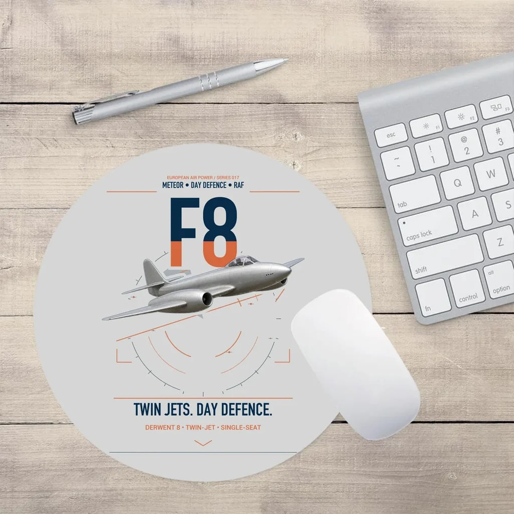 Gloster Meteor F8 design on light gray round mouse pad
