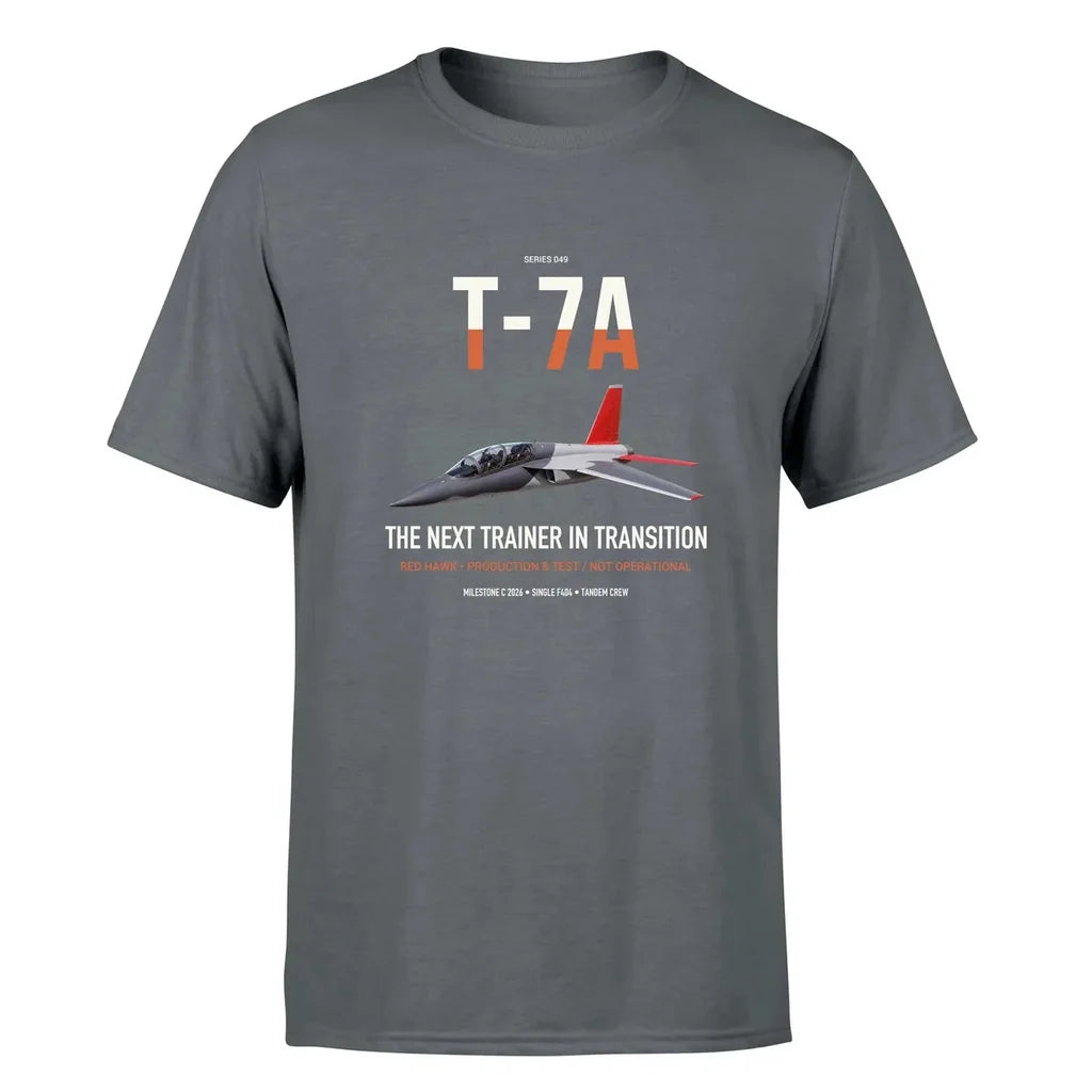 T-7A Red Hawk design on gray double-side t-shirt, single-side print