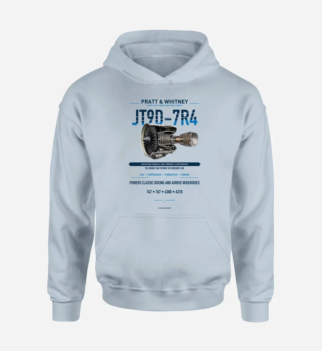 JT9D-7R4 design on light blue hoodie single side