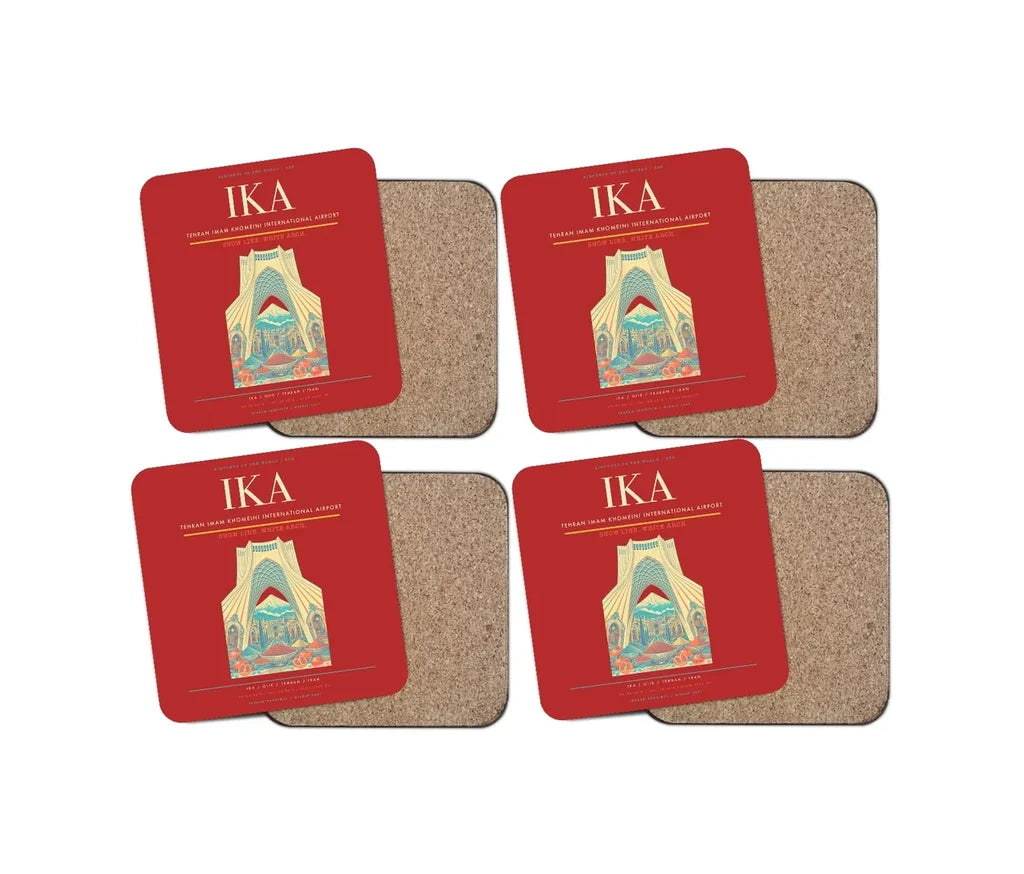 Tehran Imam Khomeini International Airport (IKA) design on red 4 pieces set coaster