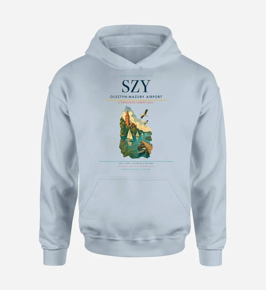 Olsztyn-Mazury Airport (SZY) design on light blue hoodie single-side print