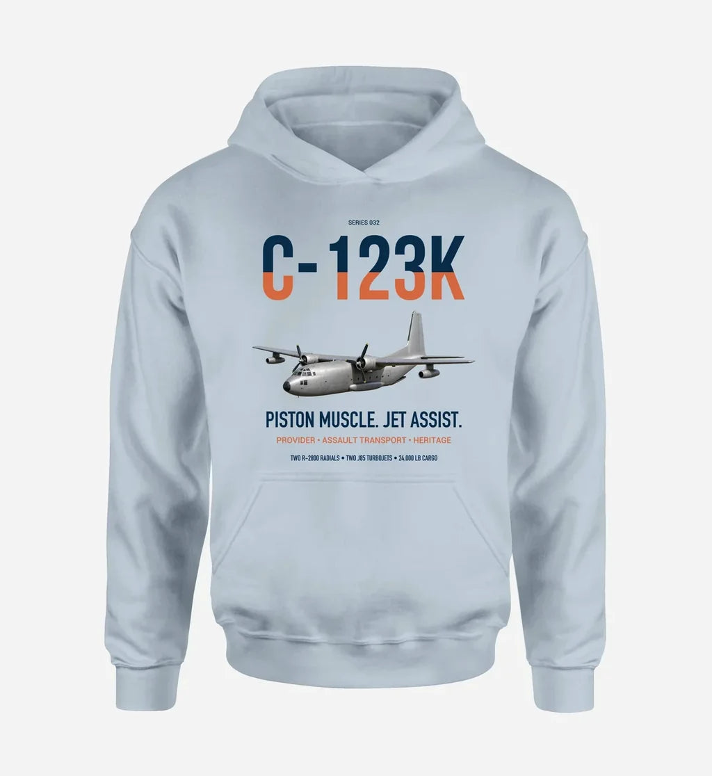 C-123K Provider design on light blue double-side hoodie, single-side print