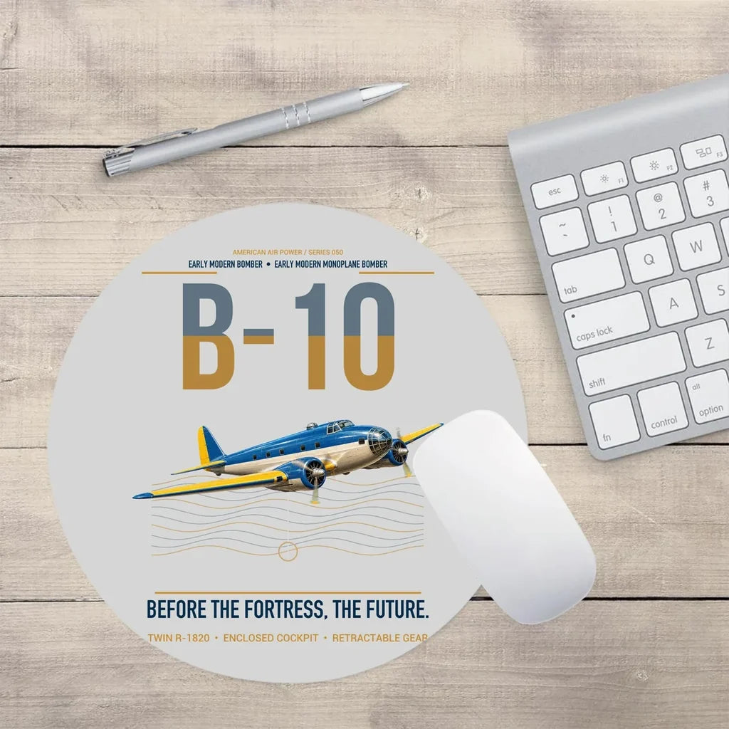 Martin B-10 design on light gray round mouse pad