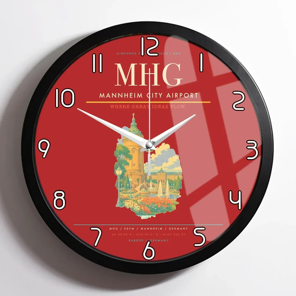 Mannheim City Airport (MHG) design on red framed wall clock
