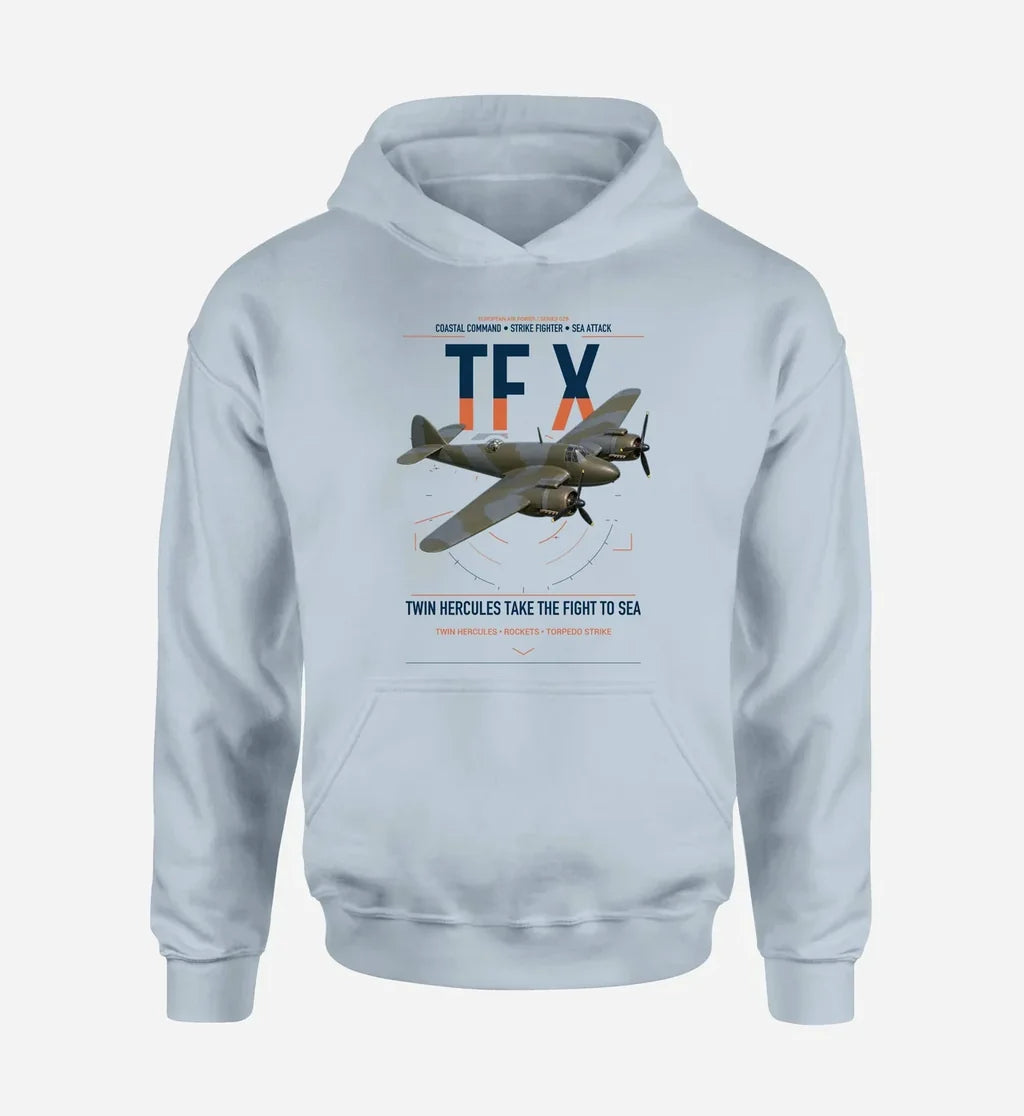 Bristol Beaufighter TF X design on light blue double-side hoodie, single-side print
