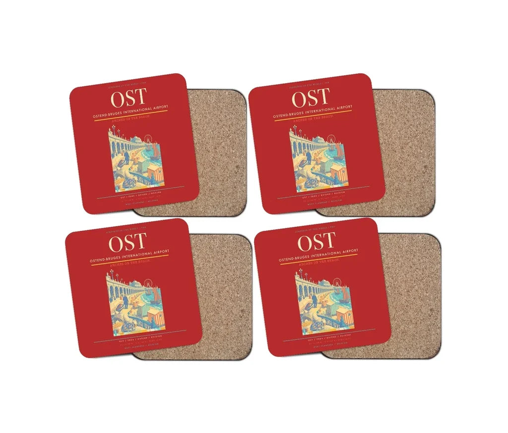 Ostend-Bruges International Airport (OST) design on red 4 pieces set coaster
