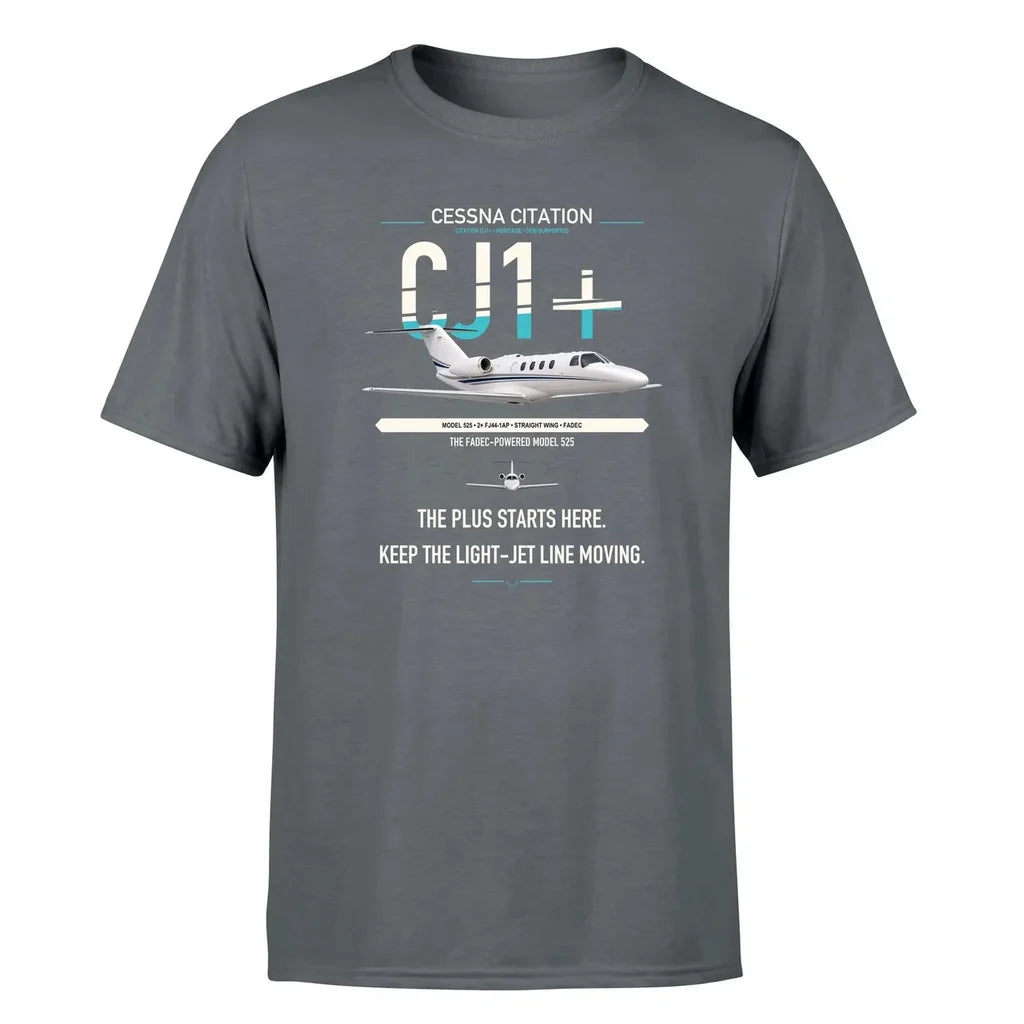 Cessna Citation CJ1+ design on gray double-side t-shirt, single-side print
