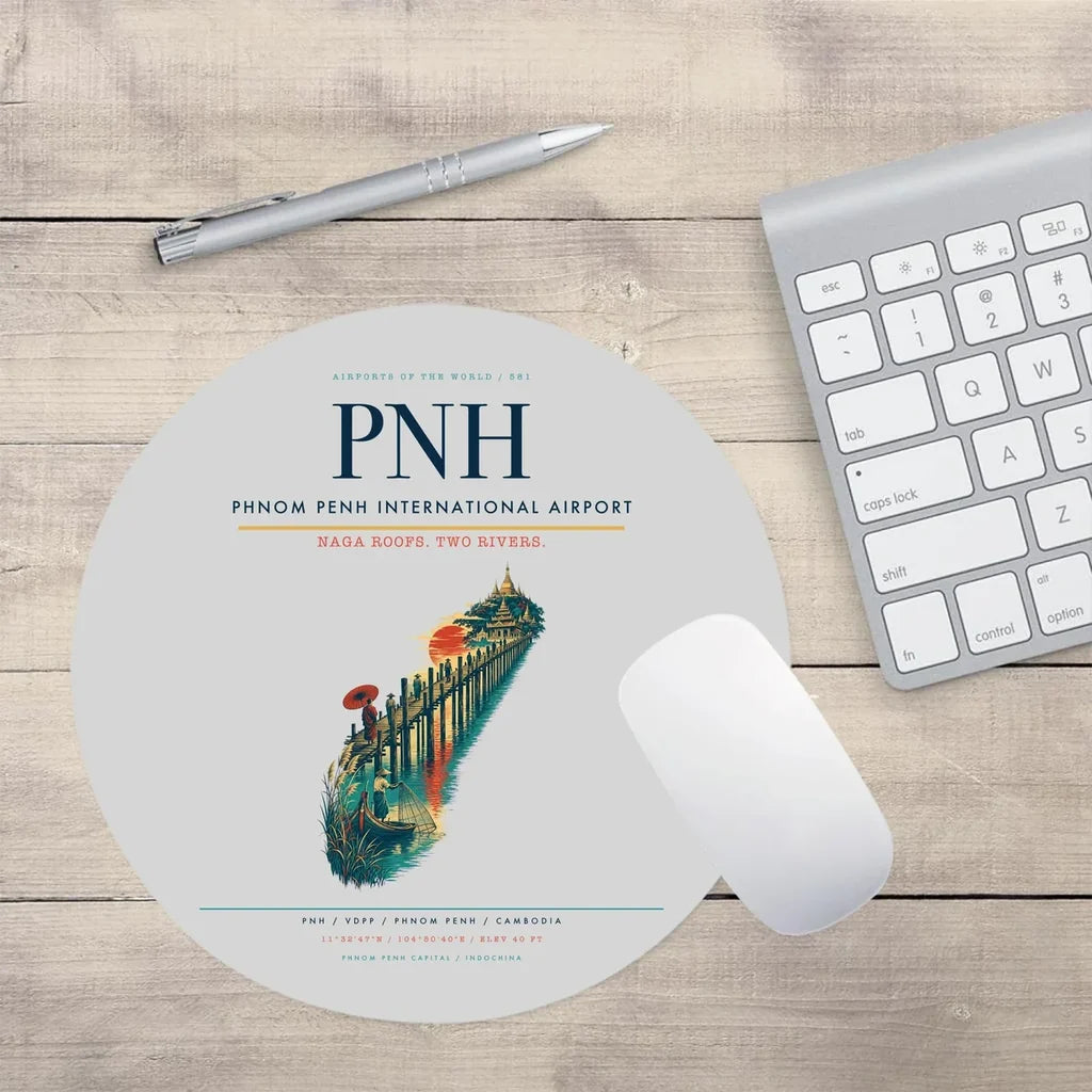 Phnom Penh International Airport (PNH) design on light gray round mouse pad
