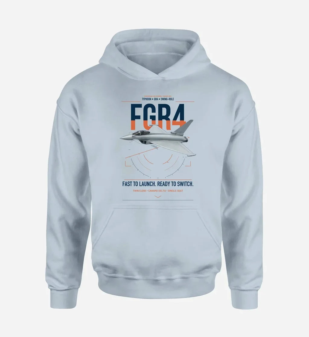Eurofighter Typhoon FGR4 design on light blue double-side hoodie, single-side print