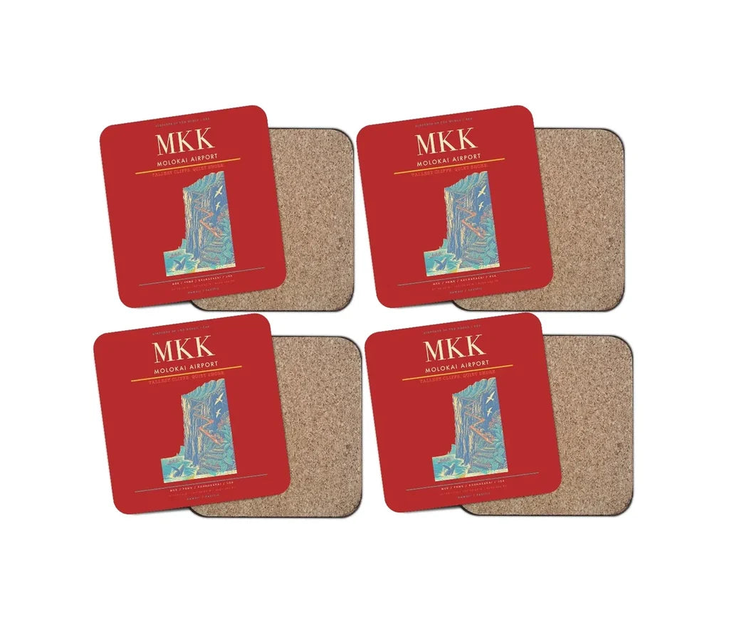 Molokai Airport (MKK) design on red 4 pieces set coaster