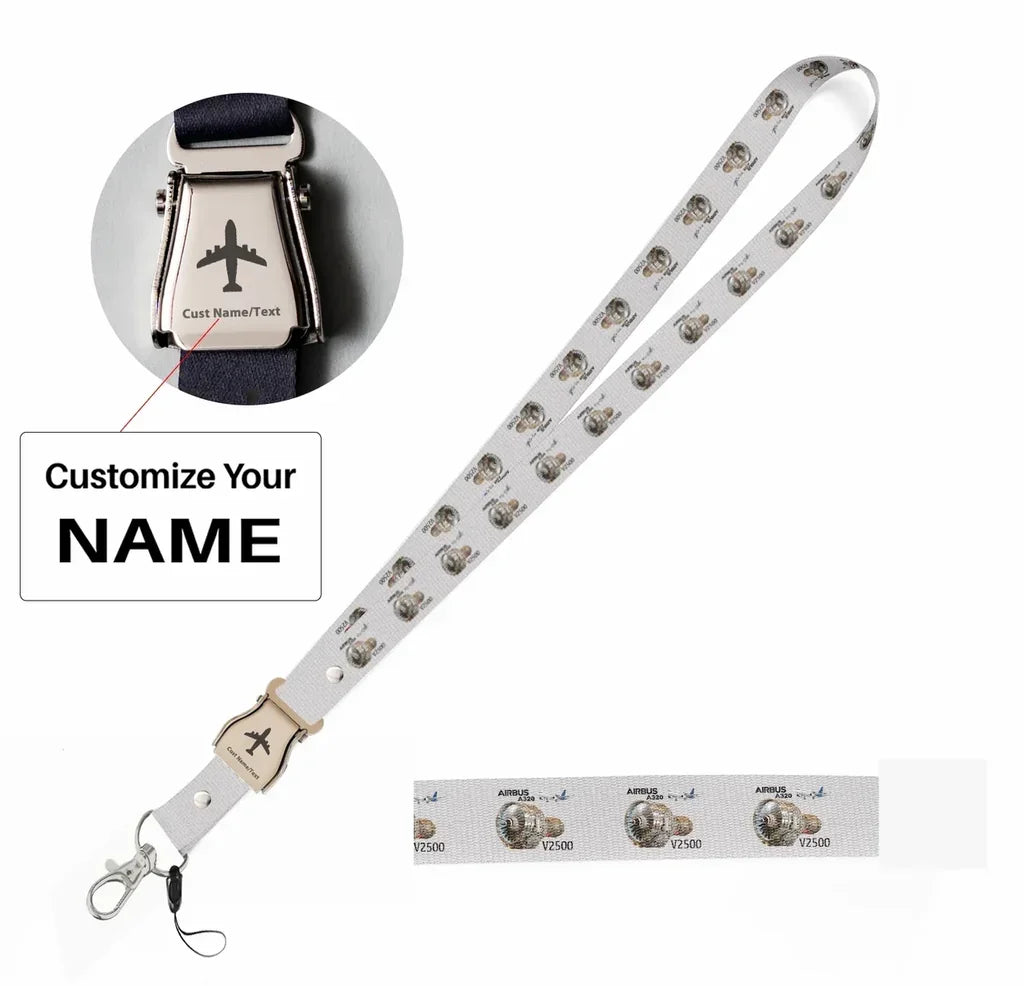 Airbus A320 & V2500 Engine seat belt lanyard - white with name