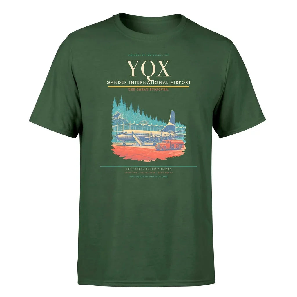 Gander International Airport (YQX) T-Shirt single-side front print in Dark Green | gander-international-airport-yqx-double-side-t-shirt