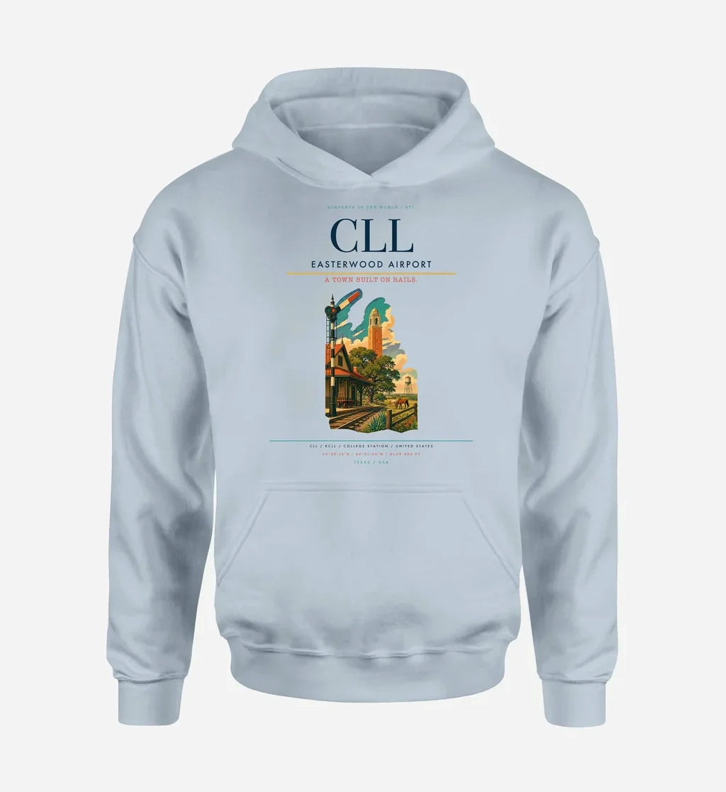 Easterwood Airport (CLL) design on light blue hoodie single-side print