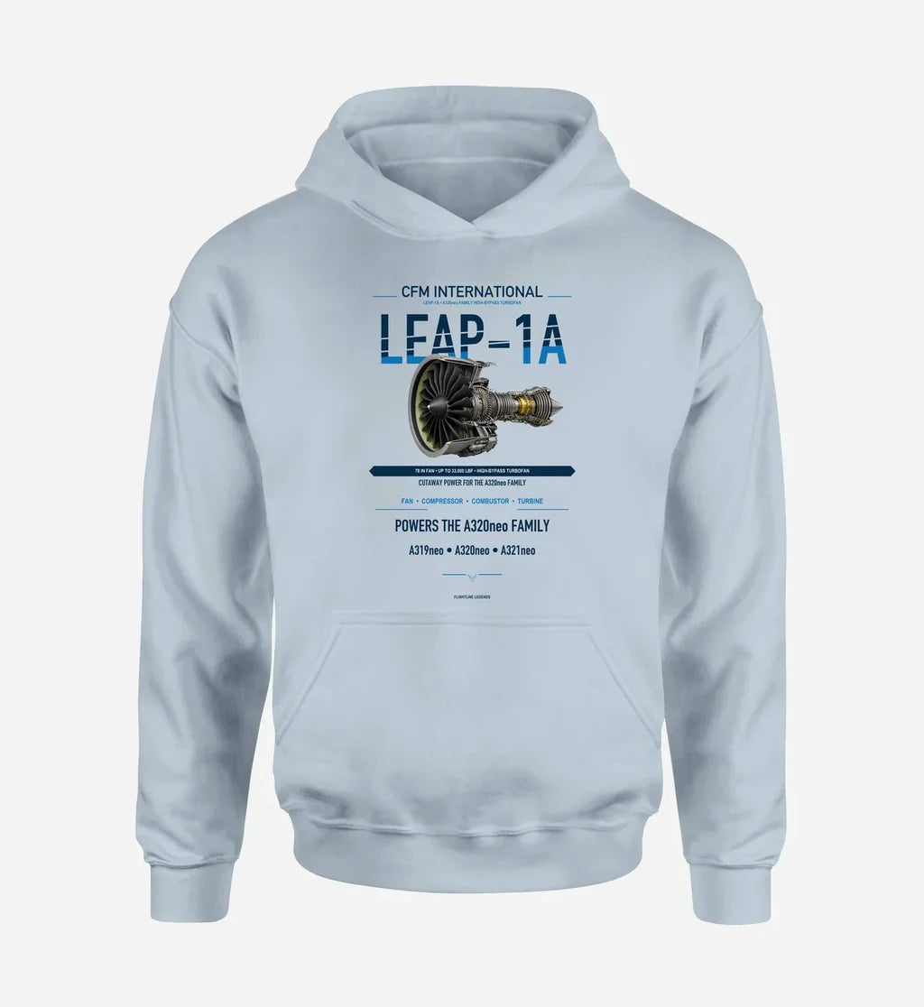 LEAP-1A design on light blue hoodie single side