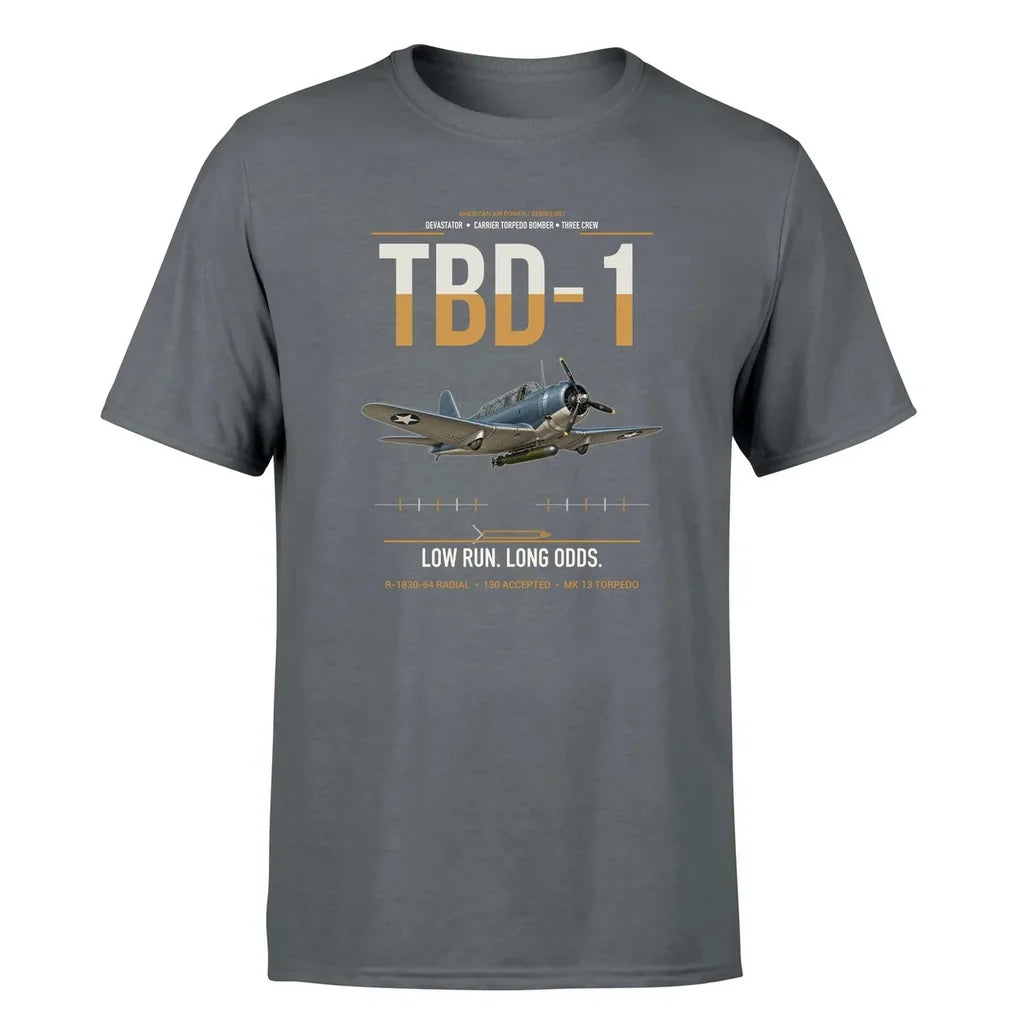 TBD-1 Devastator design on gray double-side t-shirt, single-side print