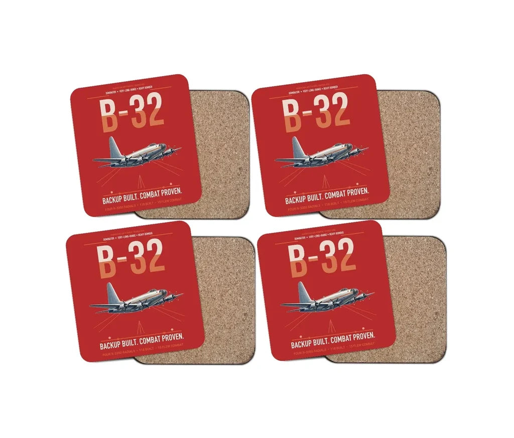 B-32 Dominator design on red 4 pieces set coaster
