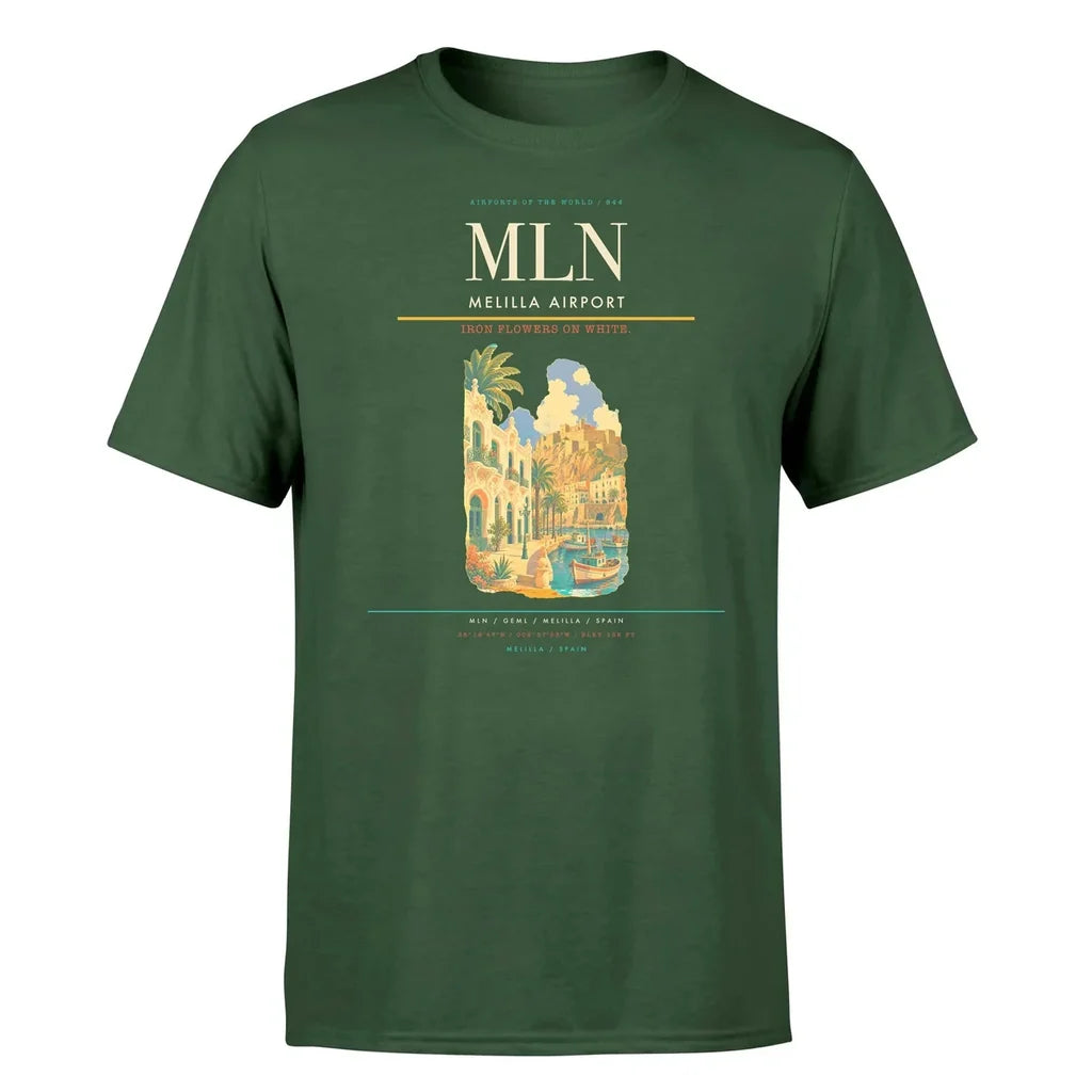Melilla Airport (MLN) T-Shirt single-side front print in Dark Green | melilla-airport-mln-double-side-t-shirt