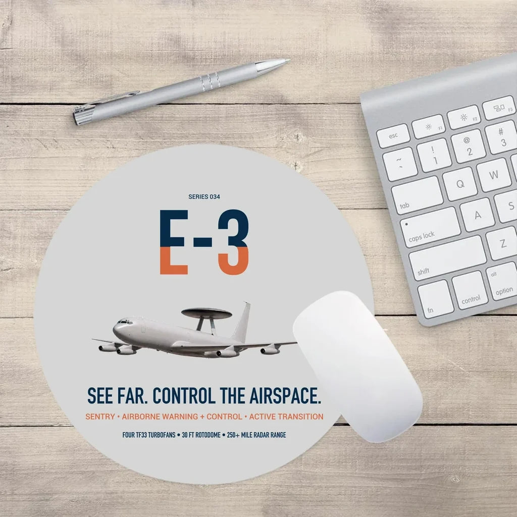 E-3 Sentry AWACS design on light gray round mouse pad