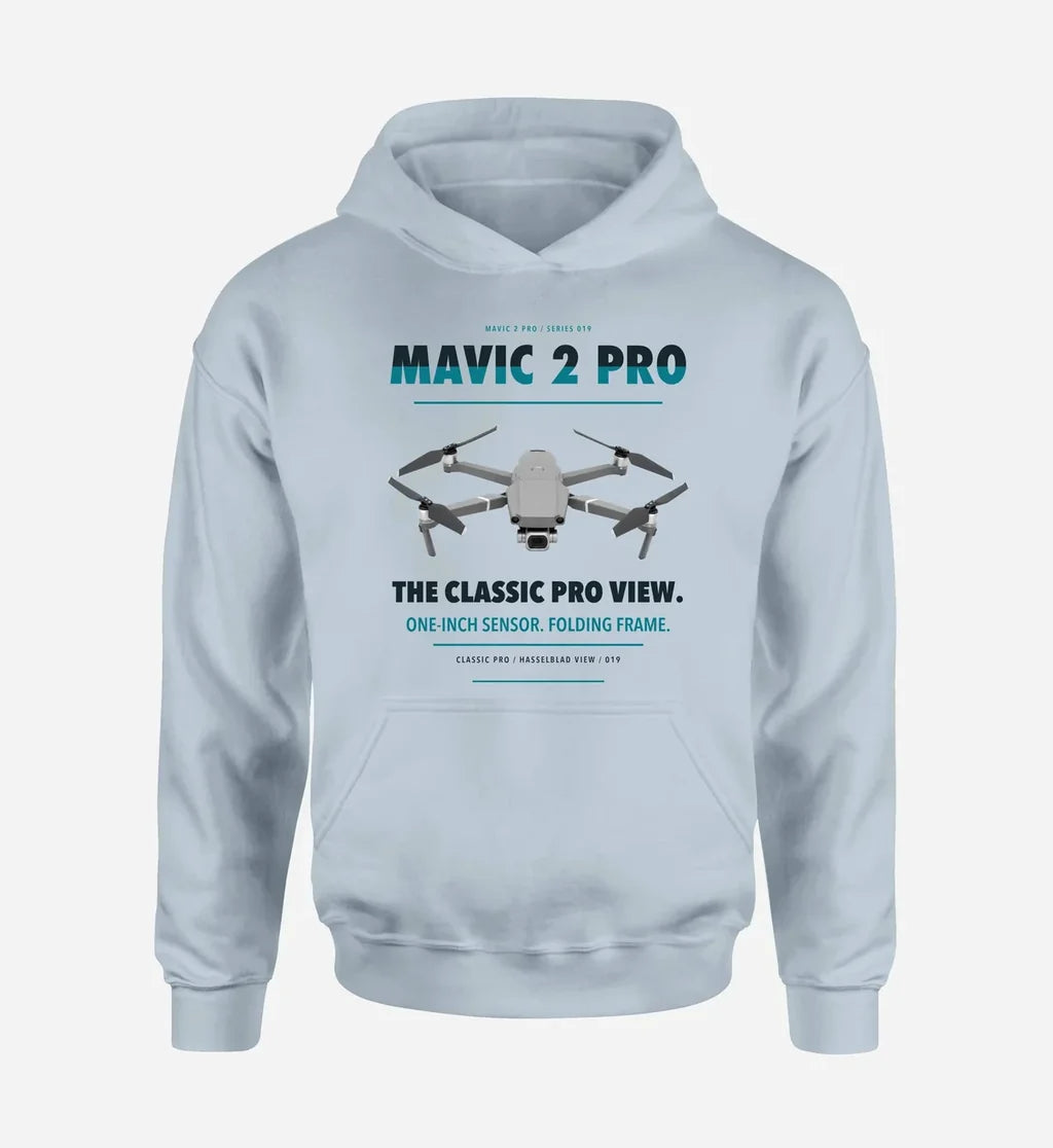 DJI Mavic 2 Pro design on light blue hoodie single side