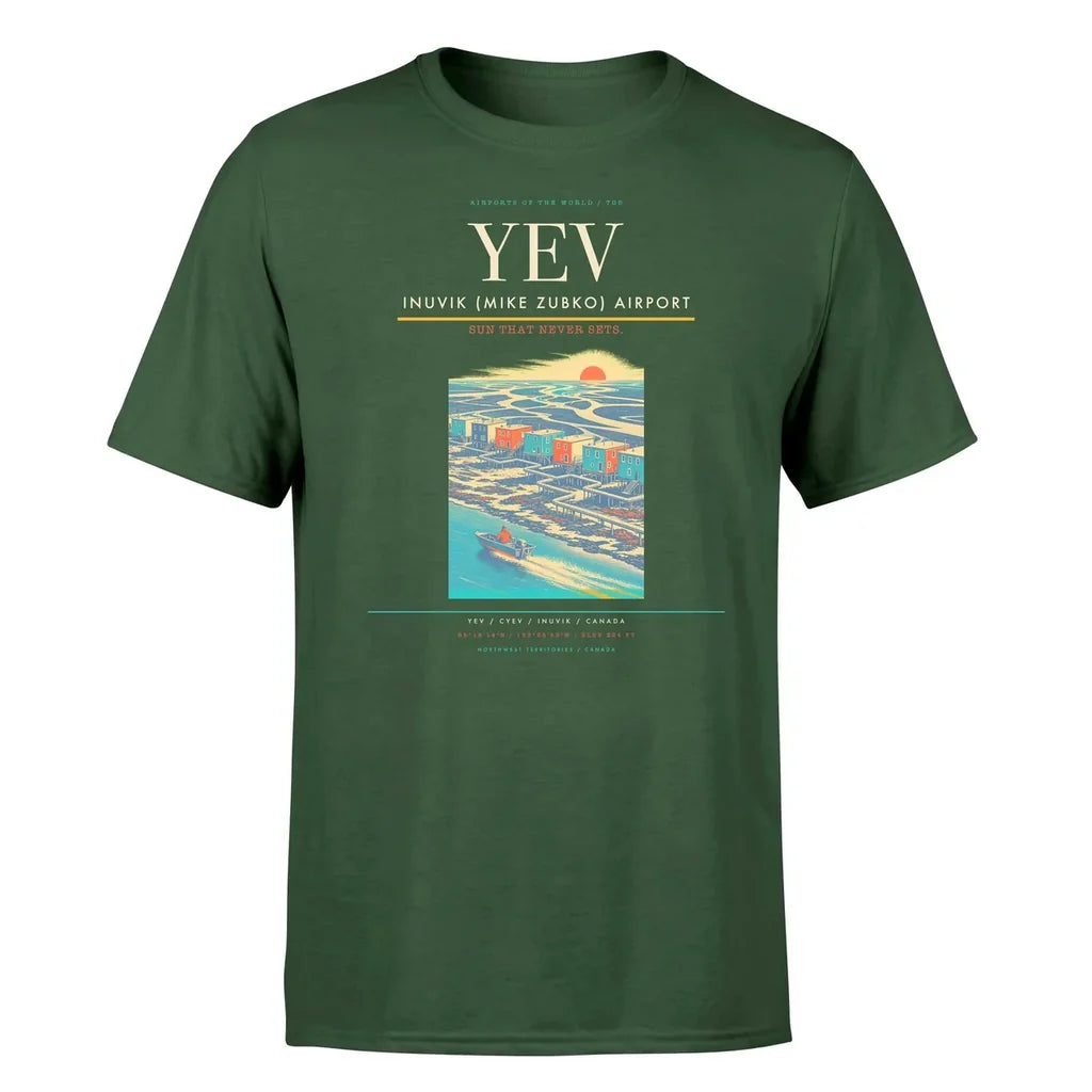 Inuvik (Mike Zubko) Airport (YEV) T-Shirt single-side front print in Dark Green | inuvik-mike-zubko-airport-yev-double-side-t-shirt
