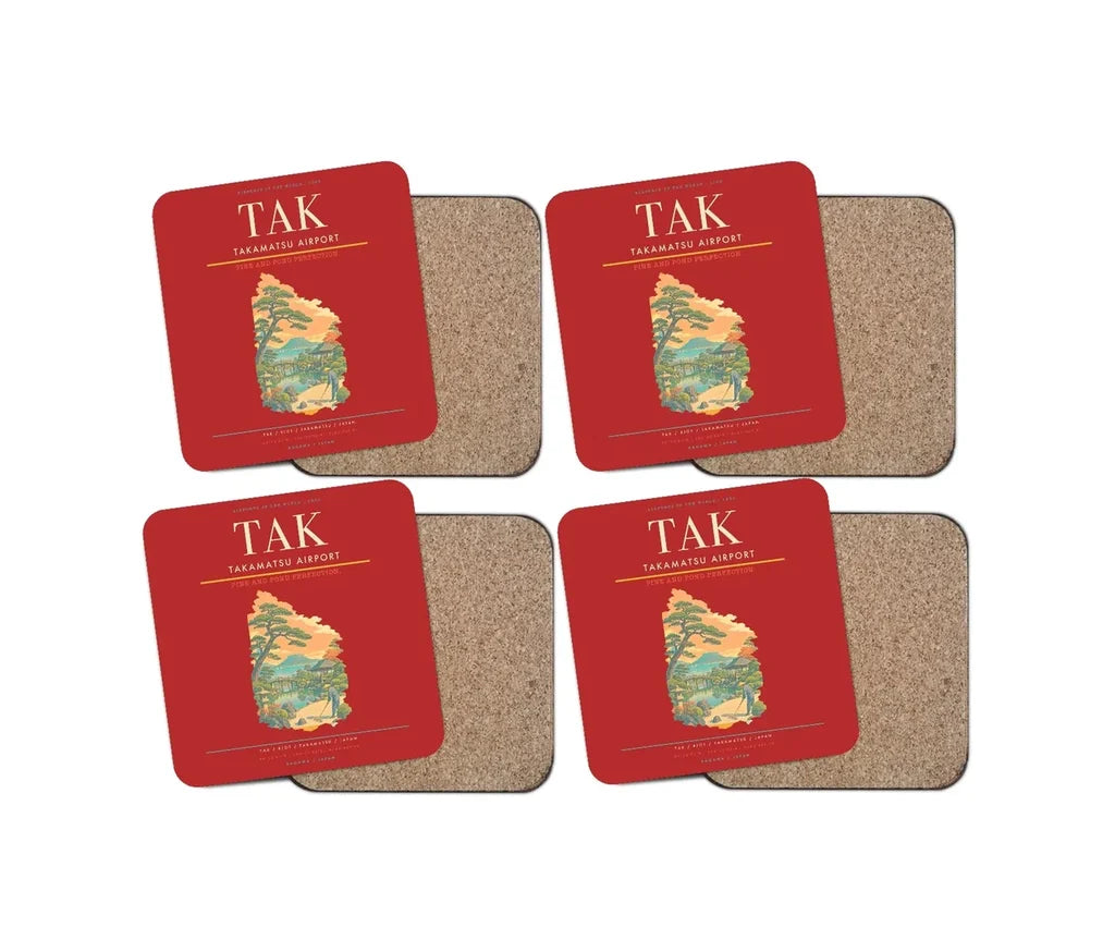 Takamatsu Airport (TAK) design on red 4 pieces set coaster