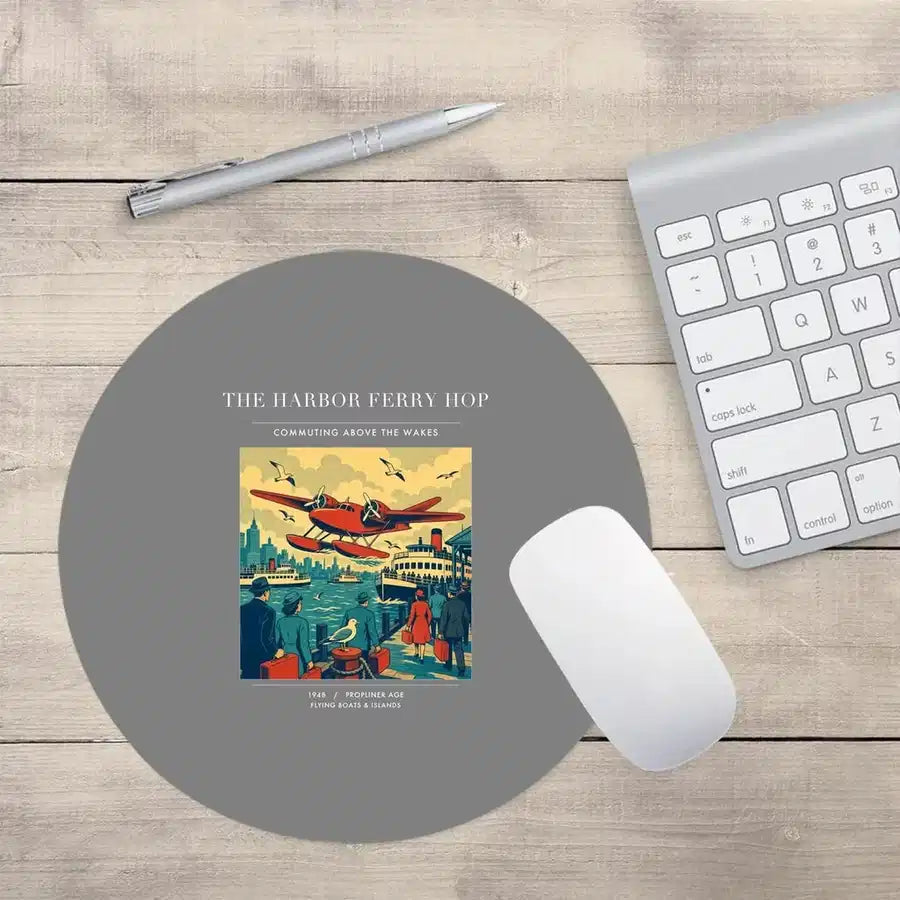 VINTAGE G4361 - The Harbor Ferry Hop - Designed Mouse Pads design on gray round