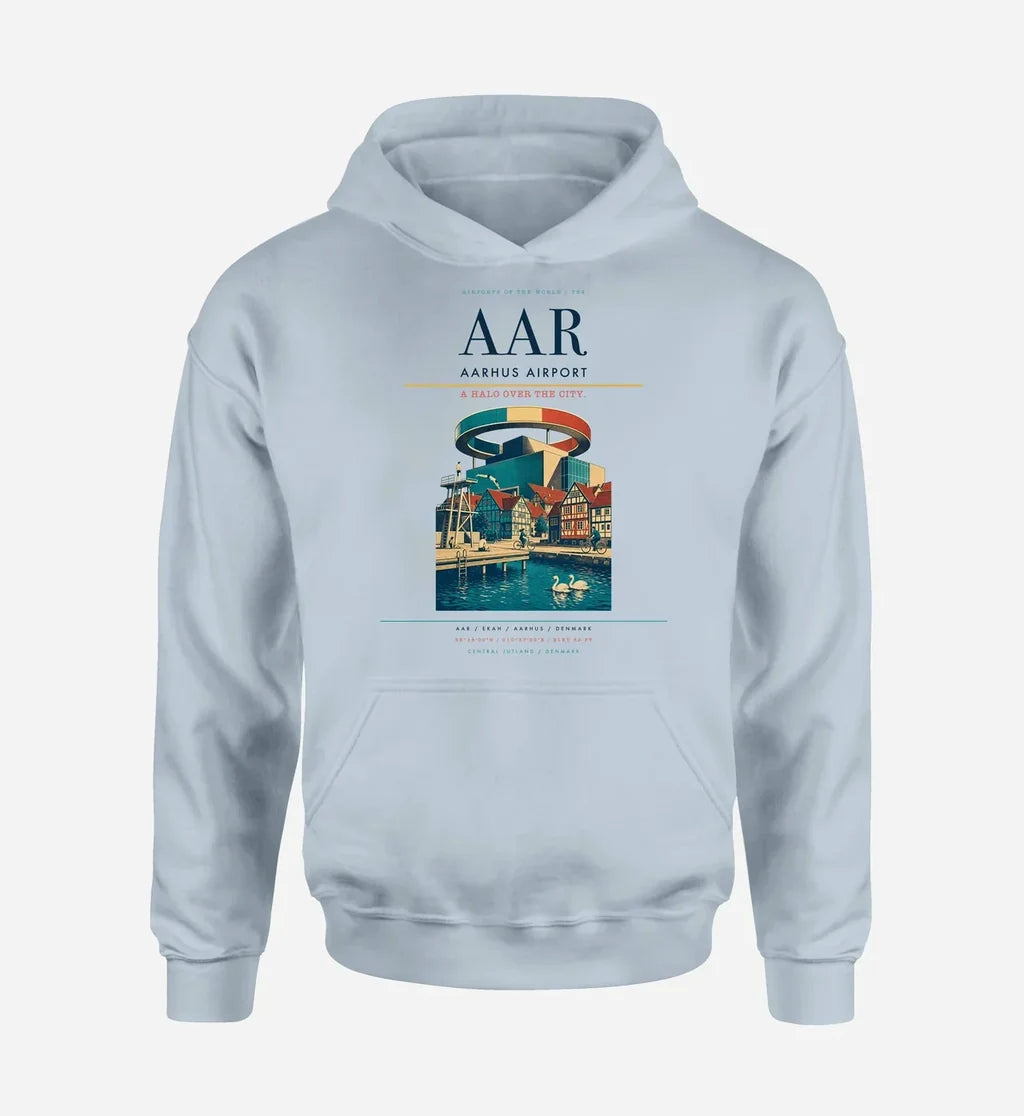 Aarhus Airport (AAR) design on light blue hoodie single-side print
