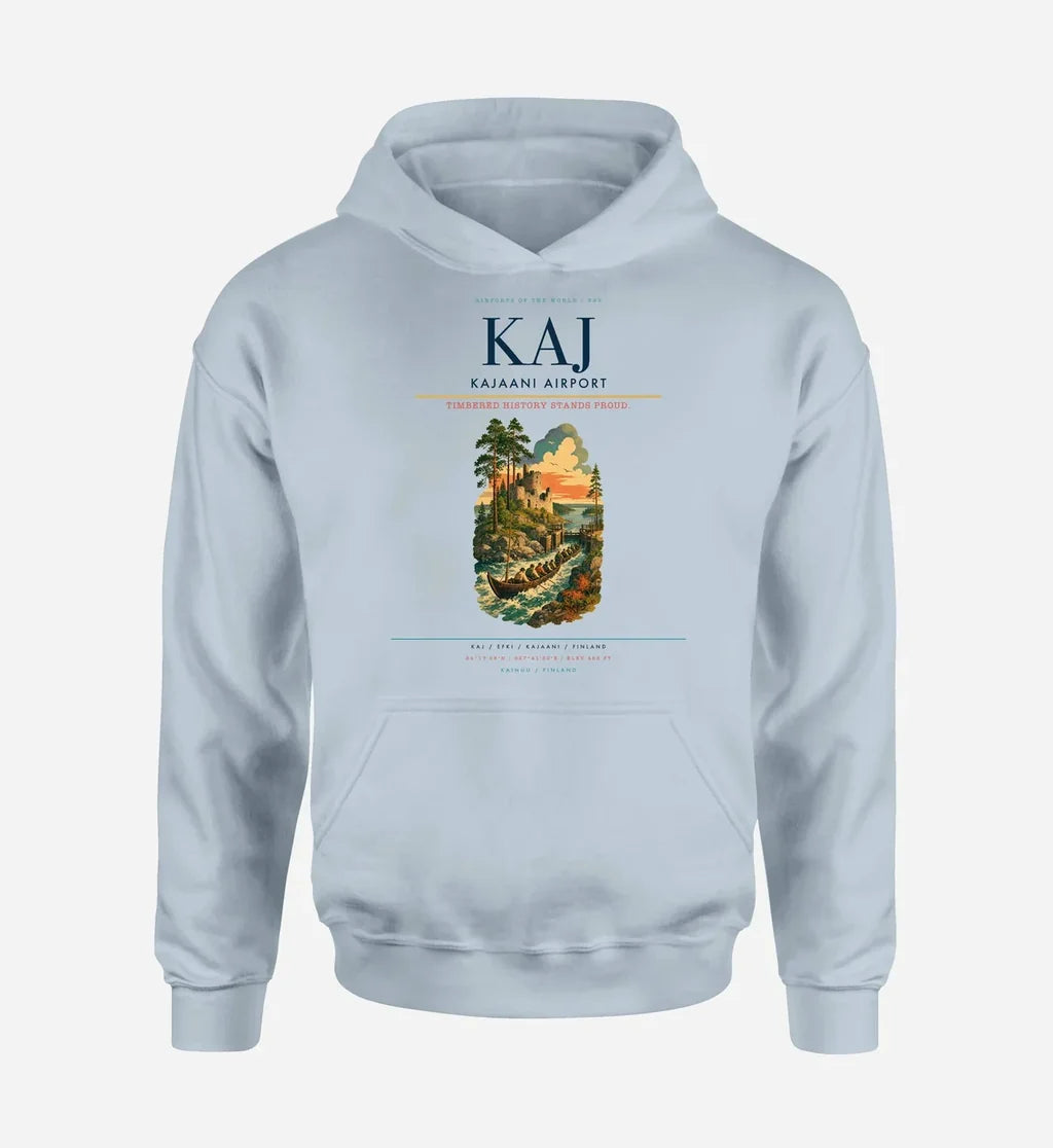 Kajaani Airport (KAJ) design on light blue hoodie single-side print