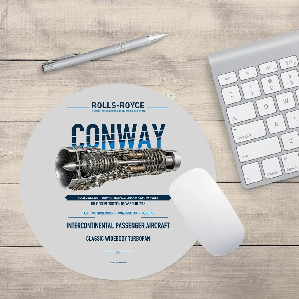 CONWAY design on light gray round mouse pad