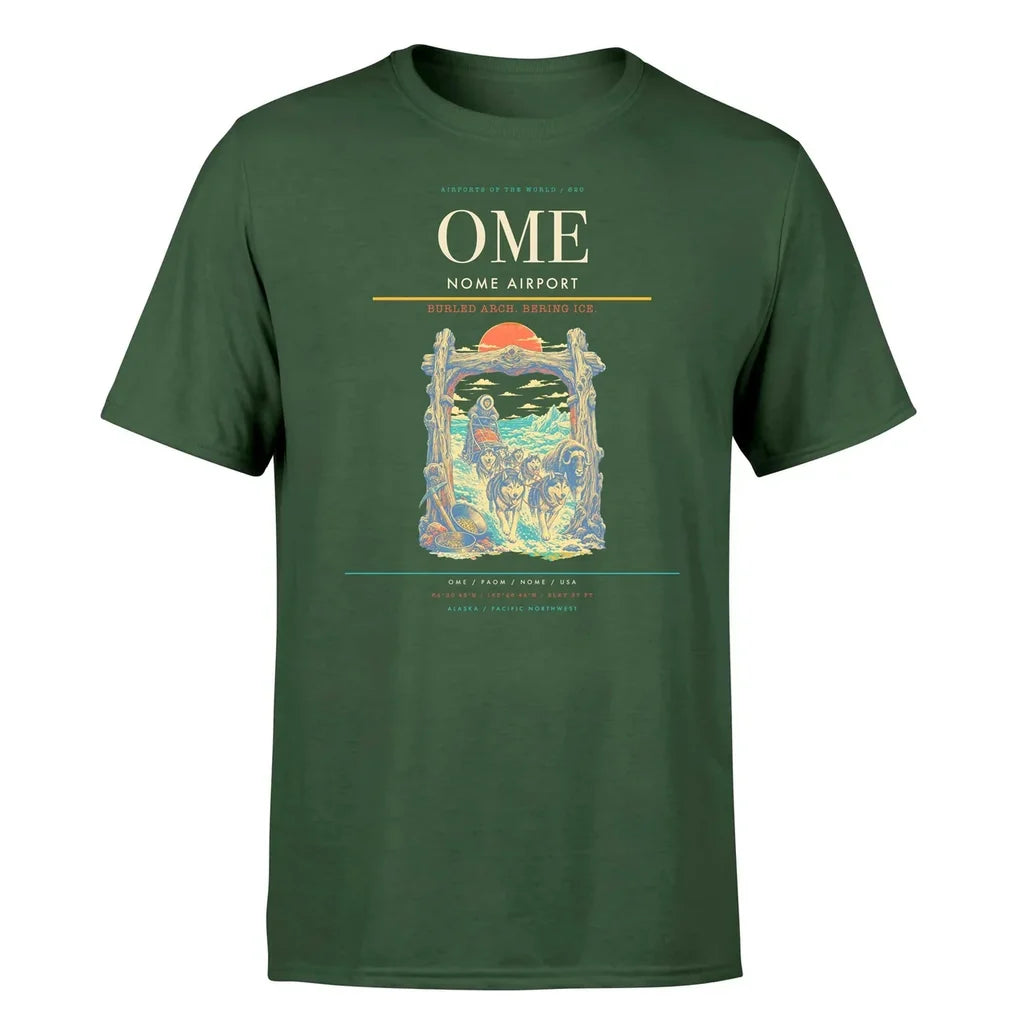 Nome Airport (OME) T-Shirt single-side front print in Dark Green | nome-airport-ome-double-side-t-shirt