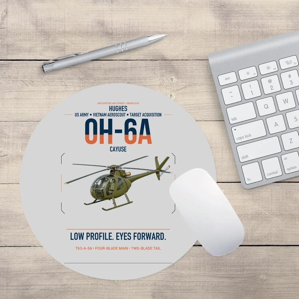 Hughes OH-6A Cayuse design on light gray round mouse pad