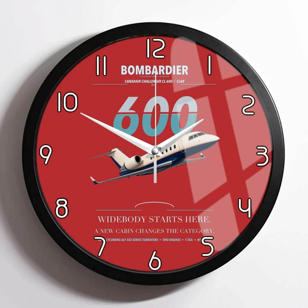 Bombardier Challenger 600 design on red framed wall clock