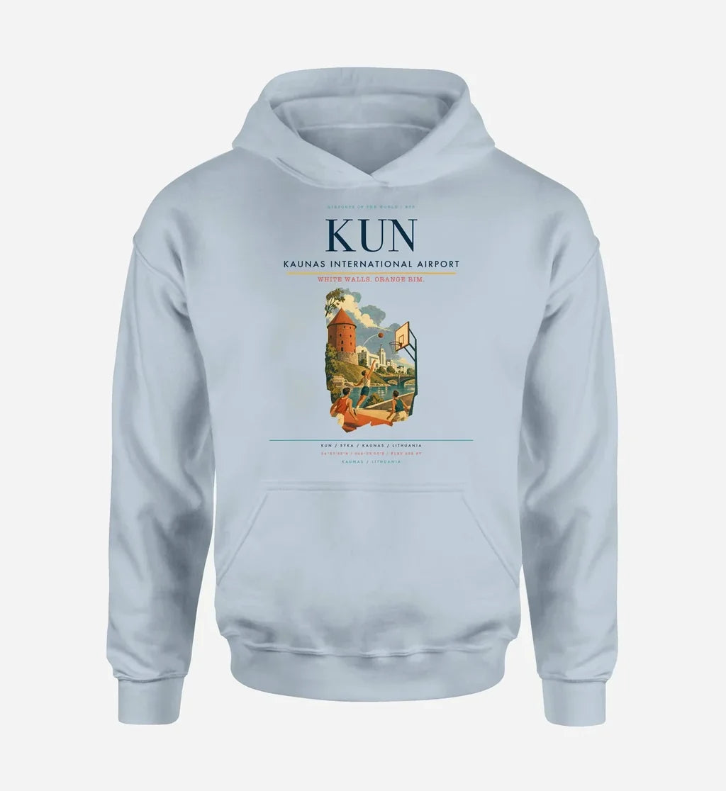 Kaunas International Airport (KUN) design on light blue hoodie single-side print