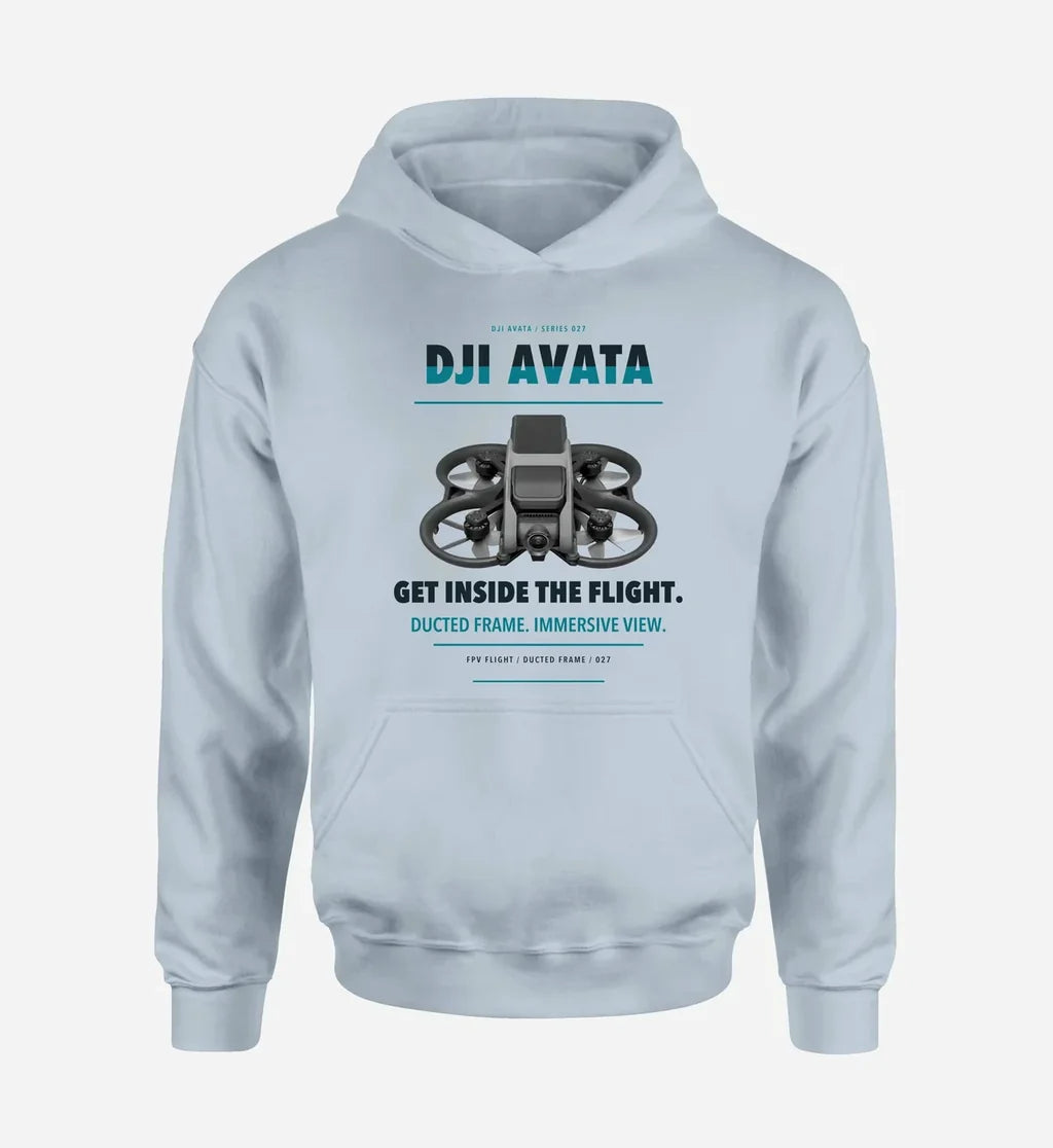 DJI Avata design on light blue hoodie single side
