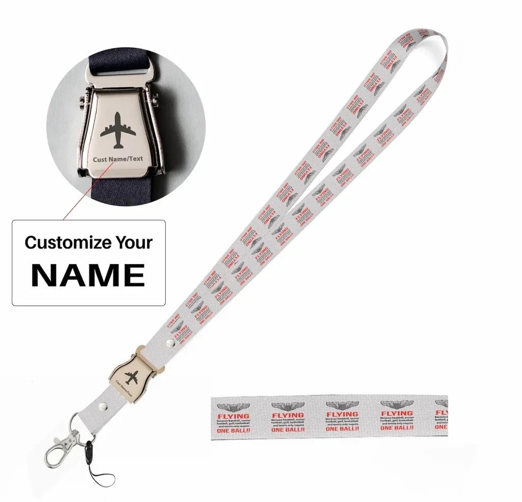 Flying One Ball seat belt lanyard - white with name