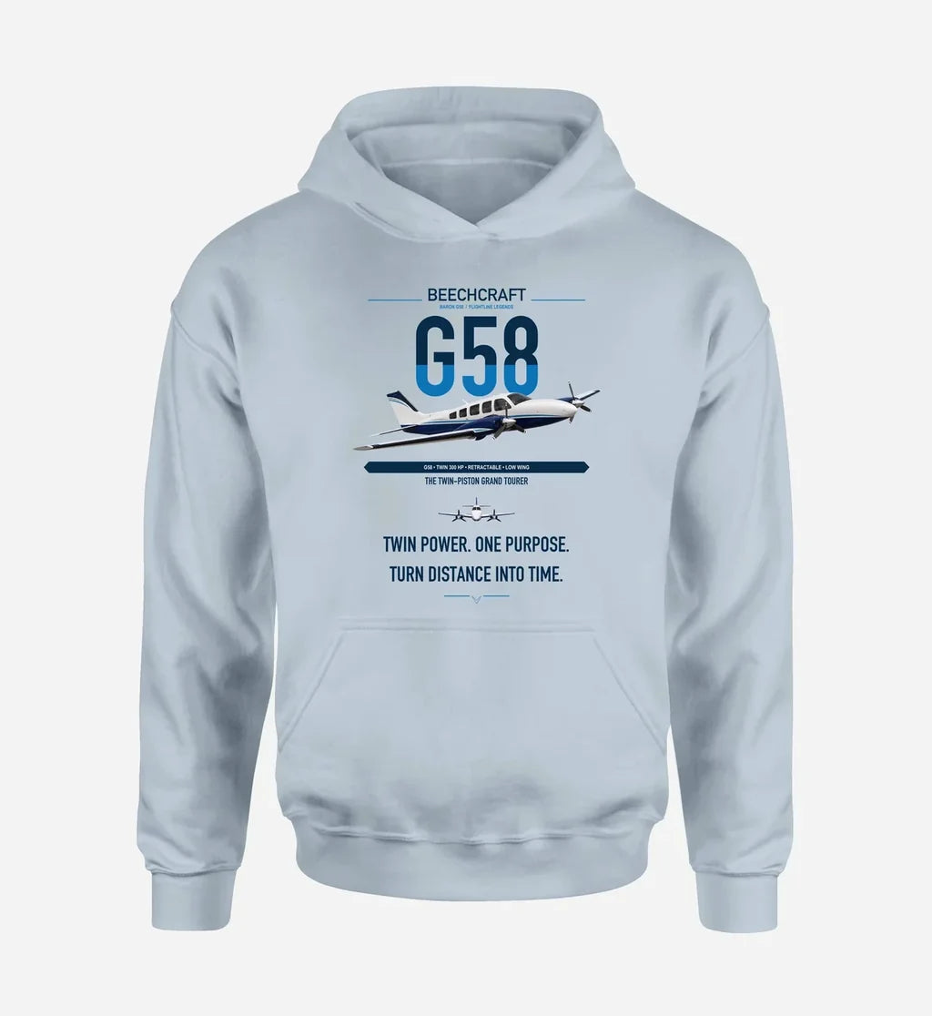 Beechcraft Baron G58 design on light blue double-side hoodie, single-side print