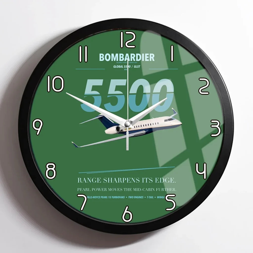 Bombardier Global 5500 design on green framed wall clock