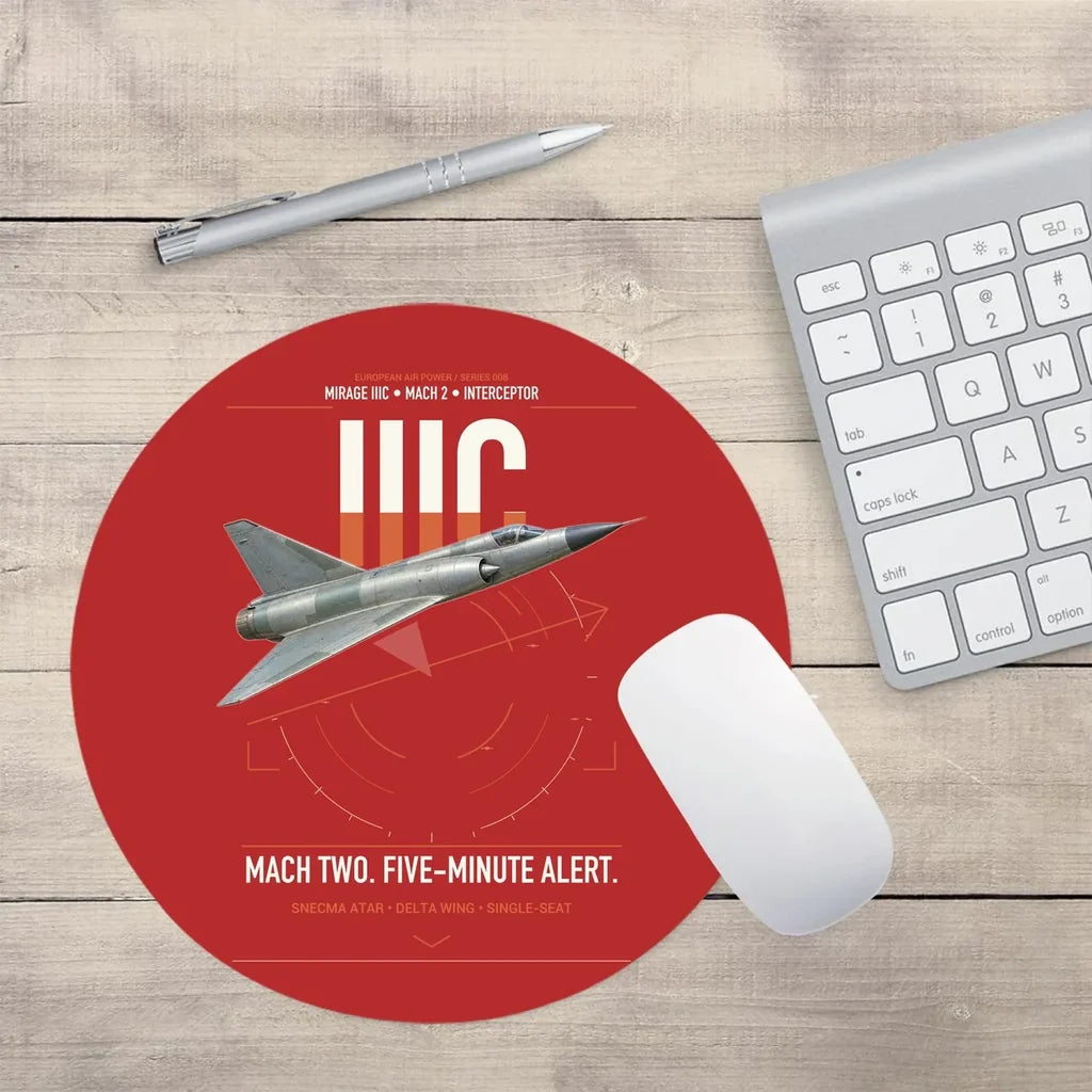 Dassault Mirage IIIC design on red round mouse pad