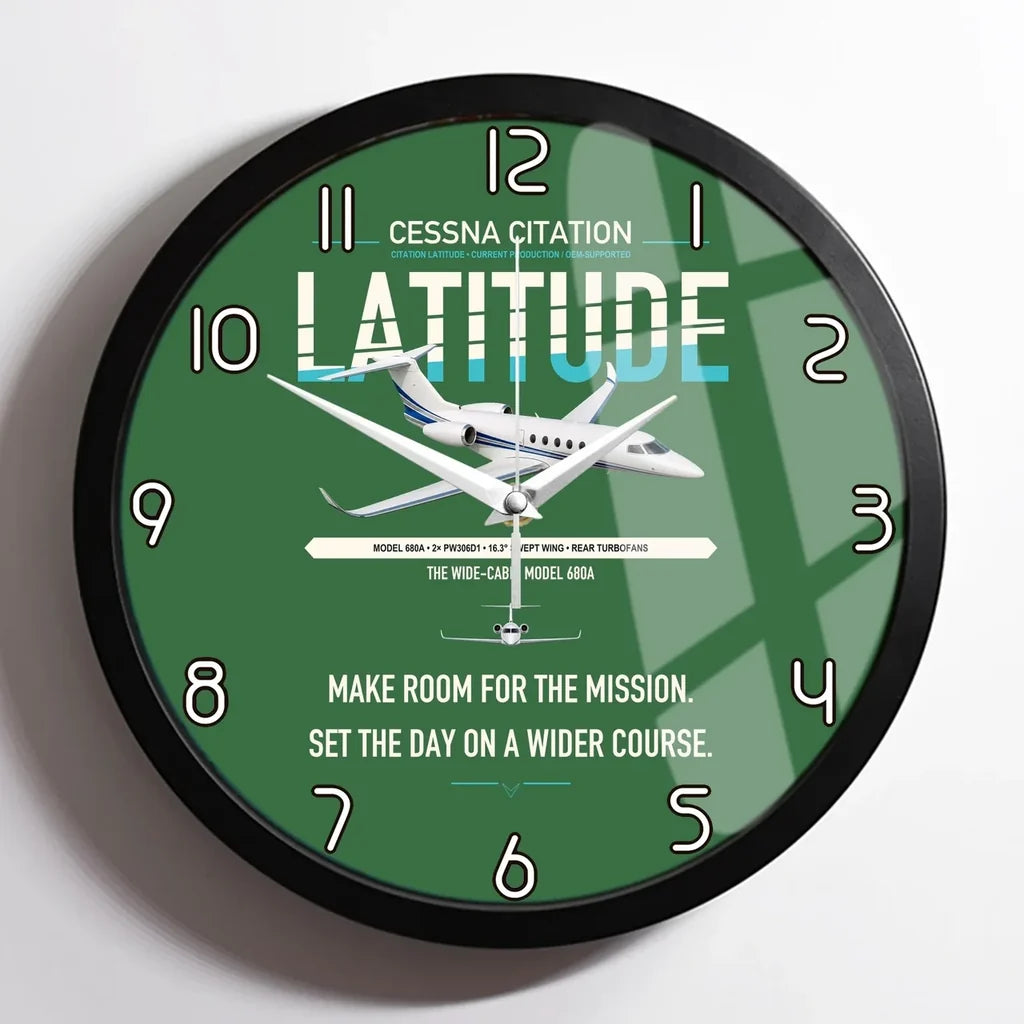 Cessna Citation Latitude design on green framed wall clock