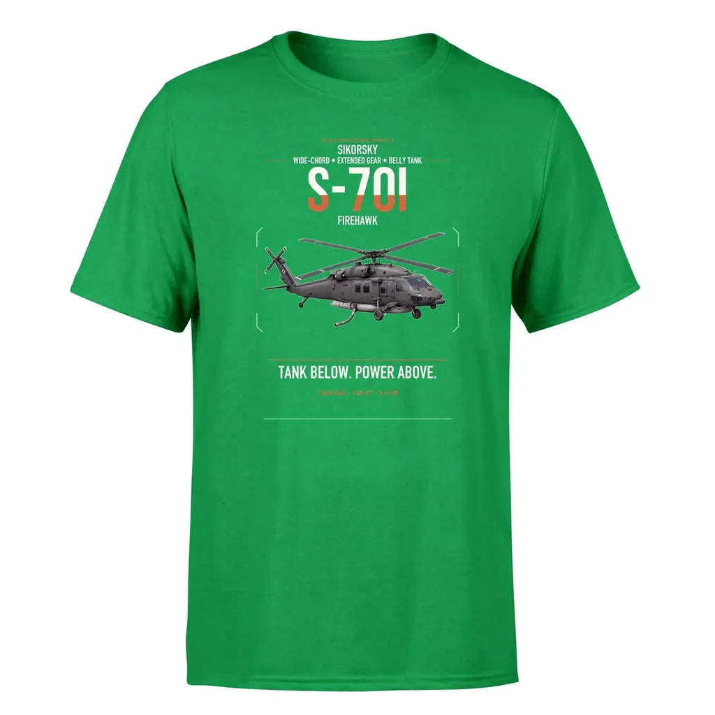Sikorsky S-70i FIREHAWK design on green t-shirt, single-side print