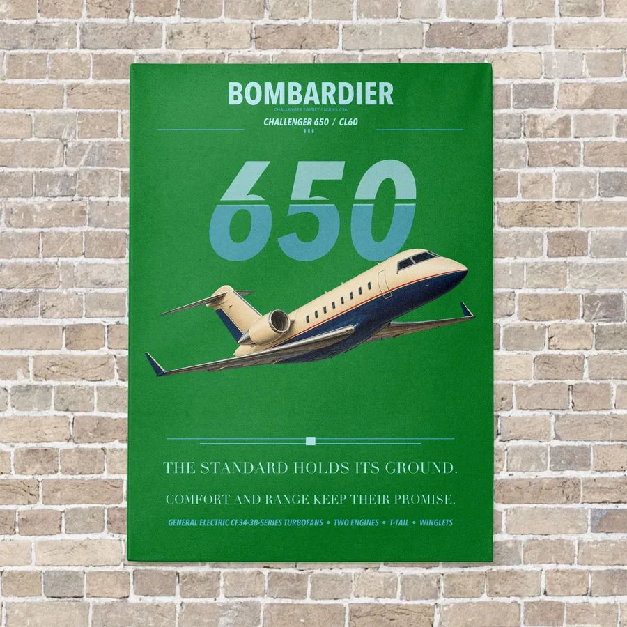 Bombardier Challenger 650 vertical canvas print - no frame - green background