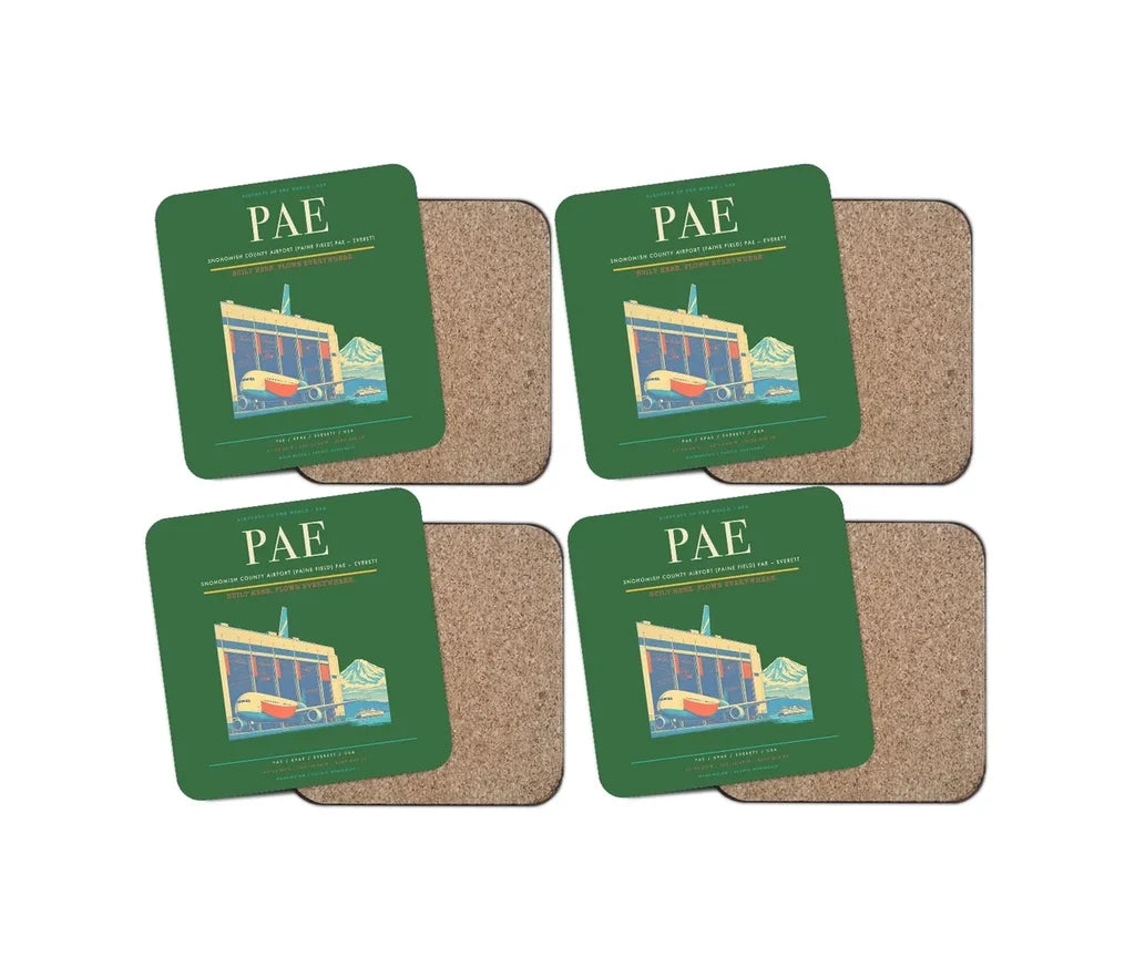 Snohomish County Airport (Paine Field) (PAE) design on green 4 pieces set coaster