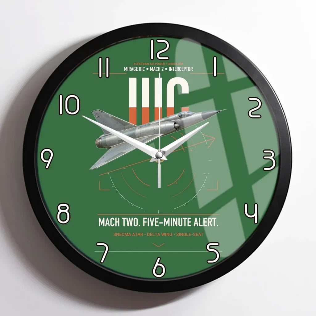 Dassault Mirage IIIC design on green framed wall clock