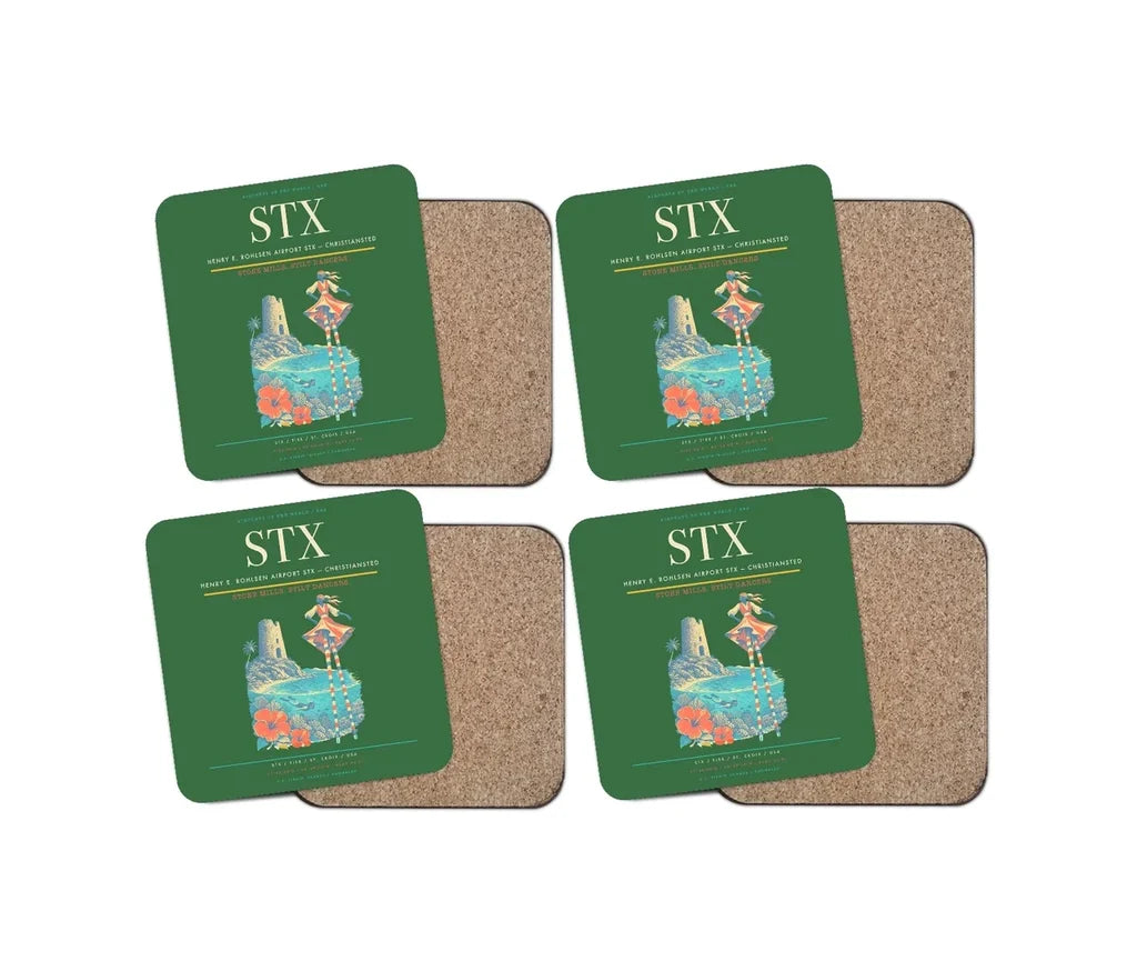 Henry E. Rohlsen Airport (STX) design on green 4 pieces set coaster